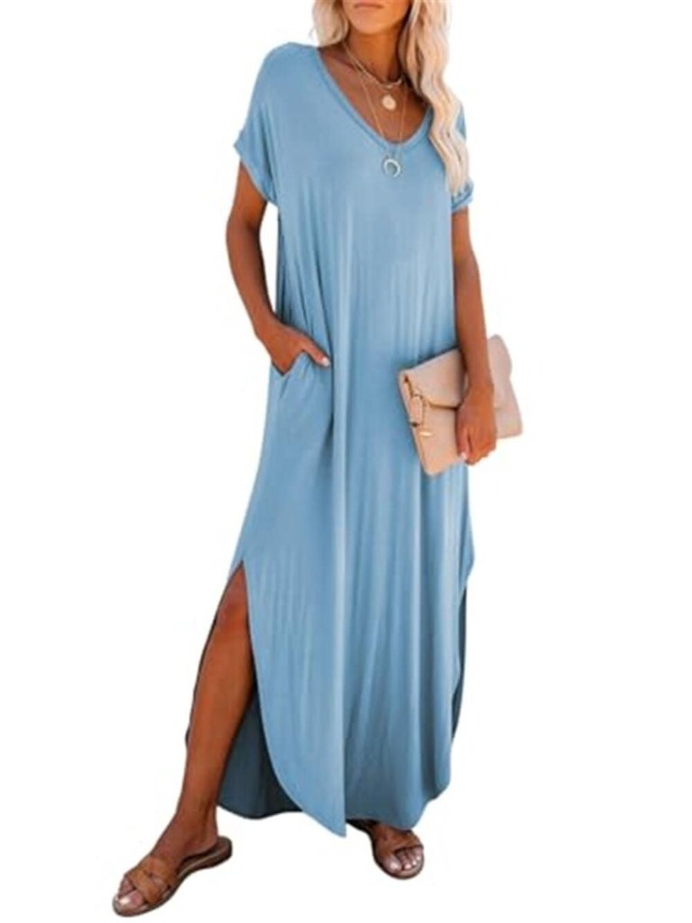 Light Blue Maxi Sundress V Neck Cap Sleeve Pockets Womens Dresses Beach Vacation